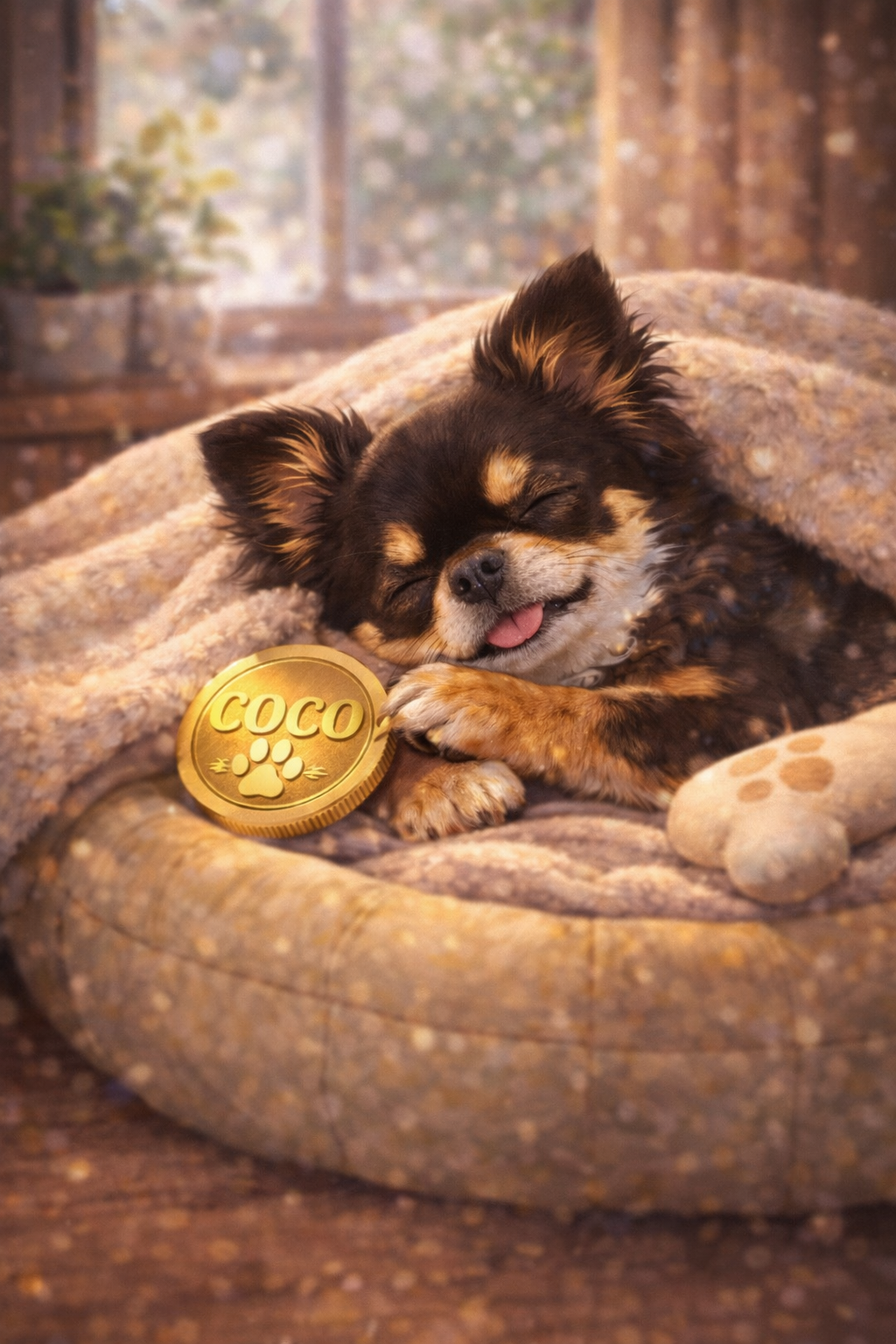 COCO resting with a coin